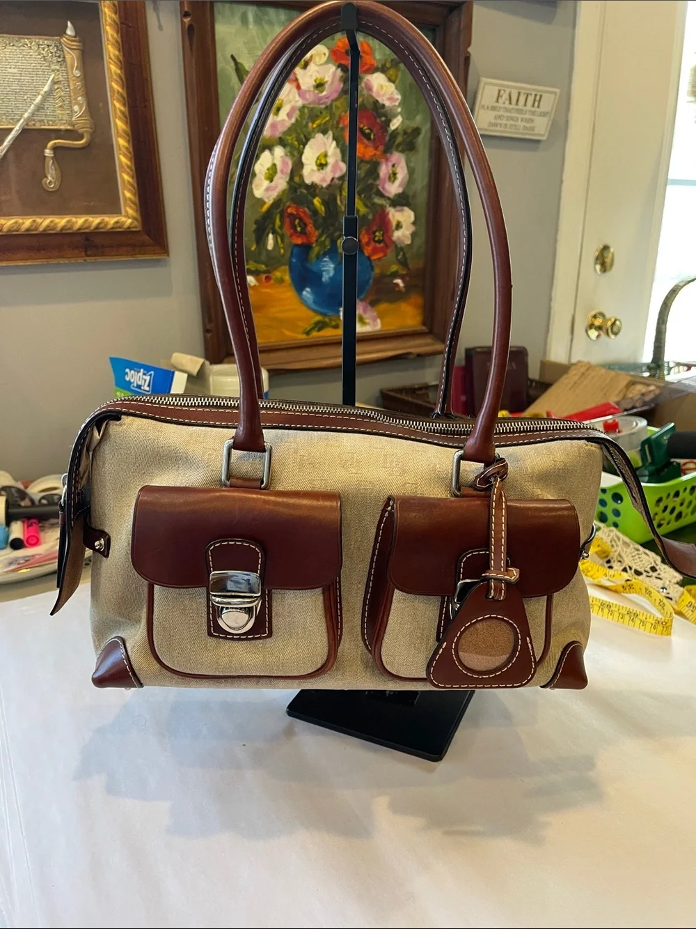 DOONEY & BOURKE MONOGRAM CANVAS LEATHER SATCHEL PURSE HANDBAG